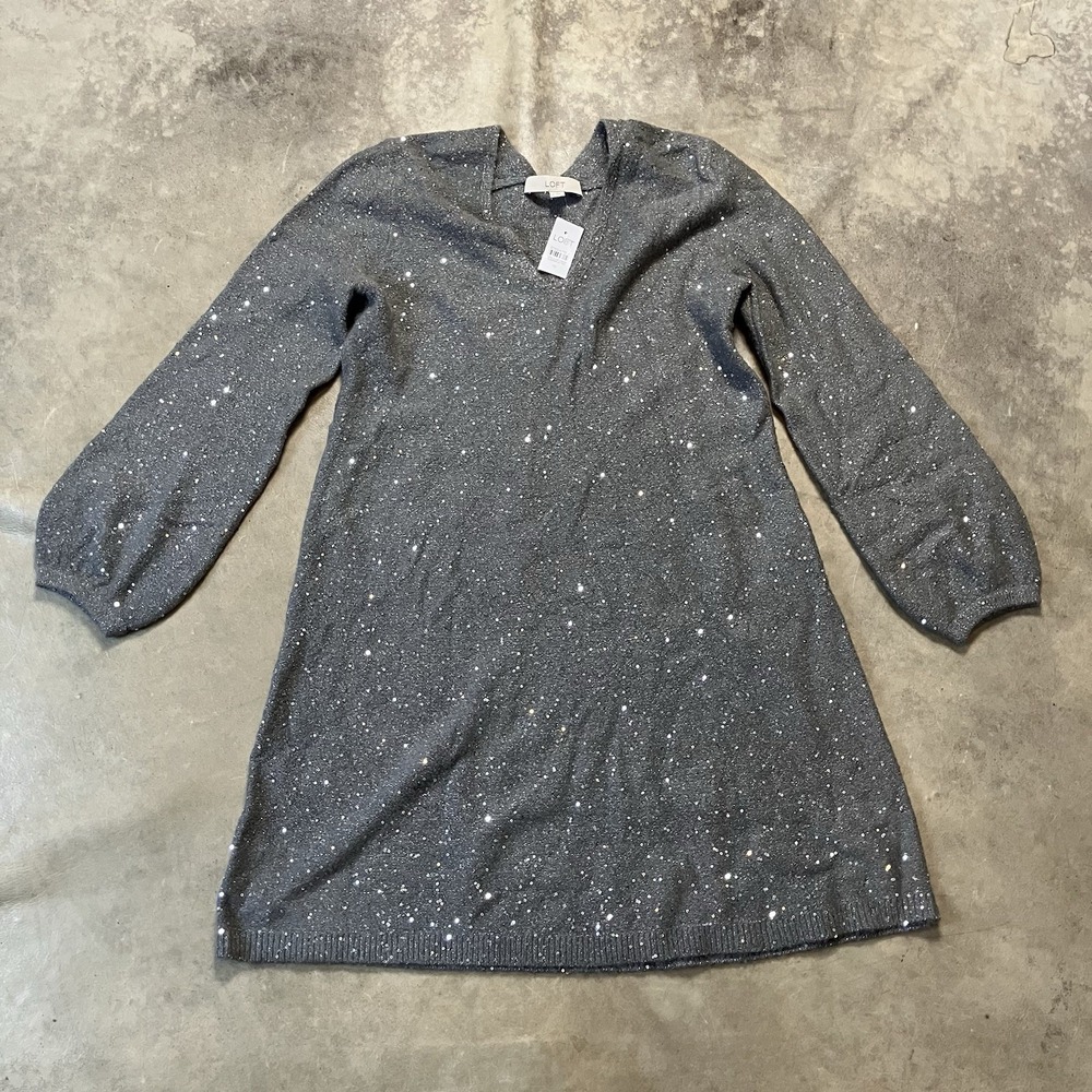 Loft Dress‎ Womens Size Medium Gray Sequences V Neck Puff Sleeves Mini